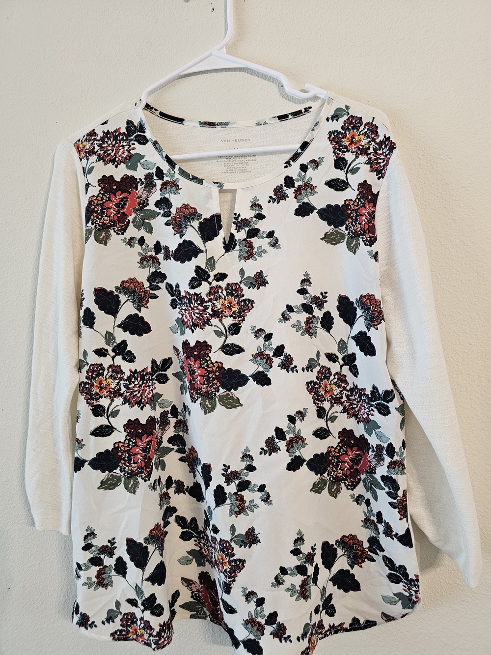 Van Heusen White Long Sleeve Floral Top with Red and Black Accents